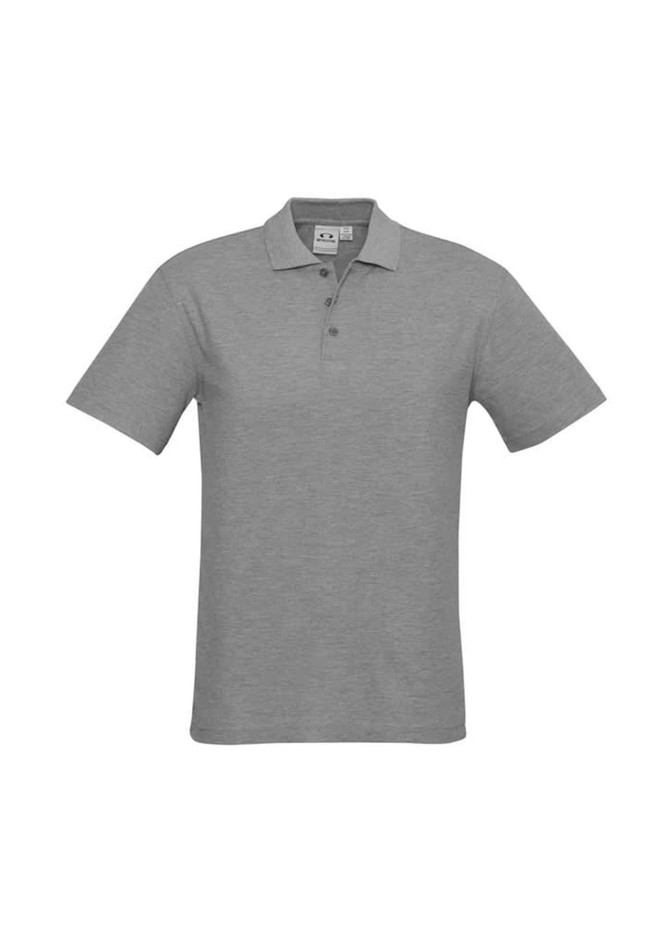 A grey crew men's polo shirt with a collar and short sleeves, featuring a small logo.