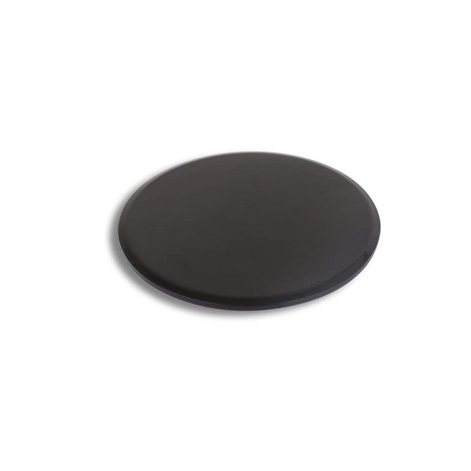 A black yoga sliding disk with a smooth, circular design and a glossy finish, featuring branding.