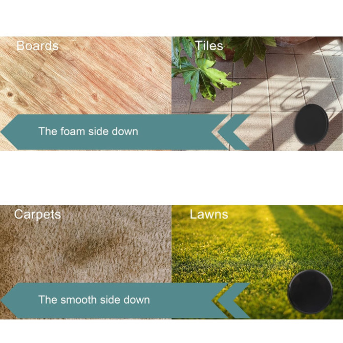 A set of yoga sliding disks in black, displayed on various surfaces like tiles, carpets, and lawns.