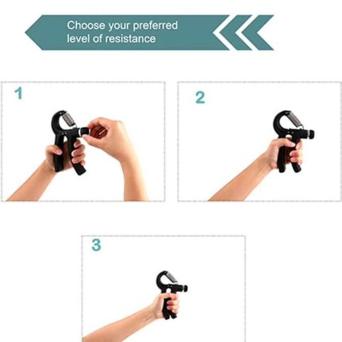 A black adjustable hand grip with a resistance dial, shown in three sequential positions for adjustment.