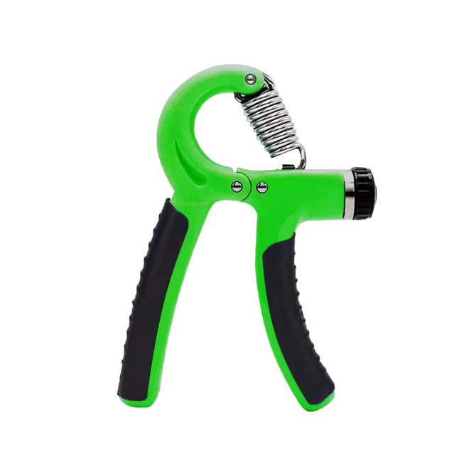 A green and black adjustable hand grip with rubberised handles and a metal spring. It features a dial for resistance adjustment. 
