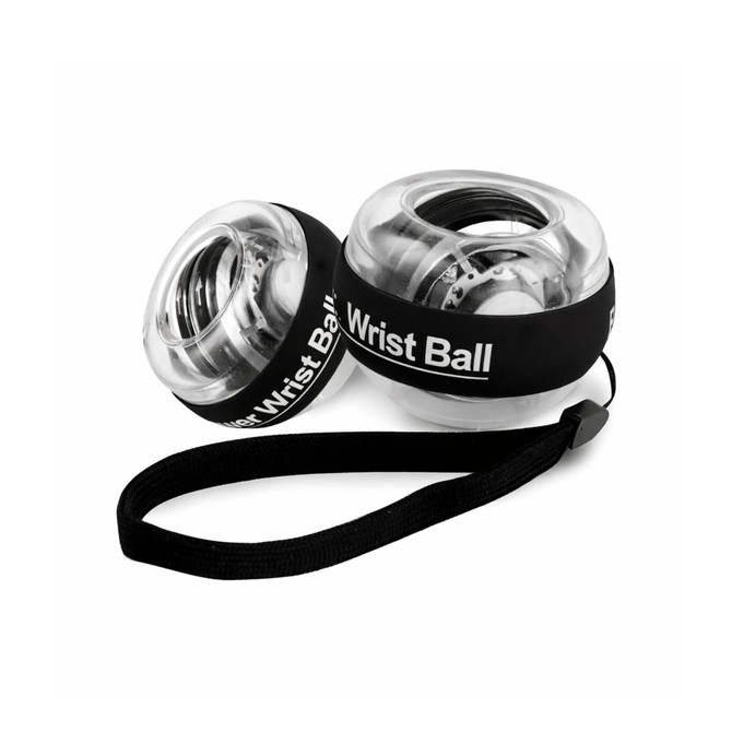A pair of transparent wrist balls with a black strap, featuring a logo and a rotating internal mechanism.