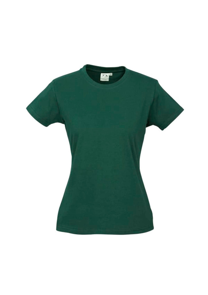A green women's short sleeve T-shirt with a fitted design and a logo on the label area.