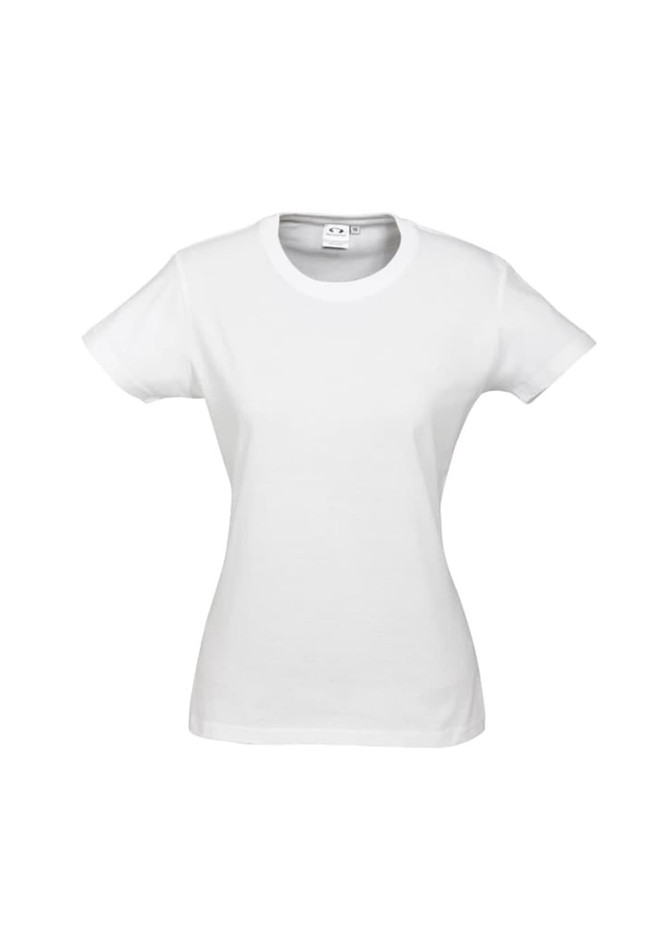 A white short sleeve women's t-shirt with a fitted design and a logo on the neckline.