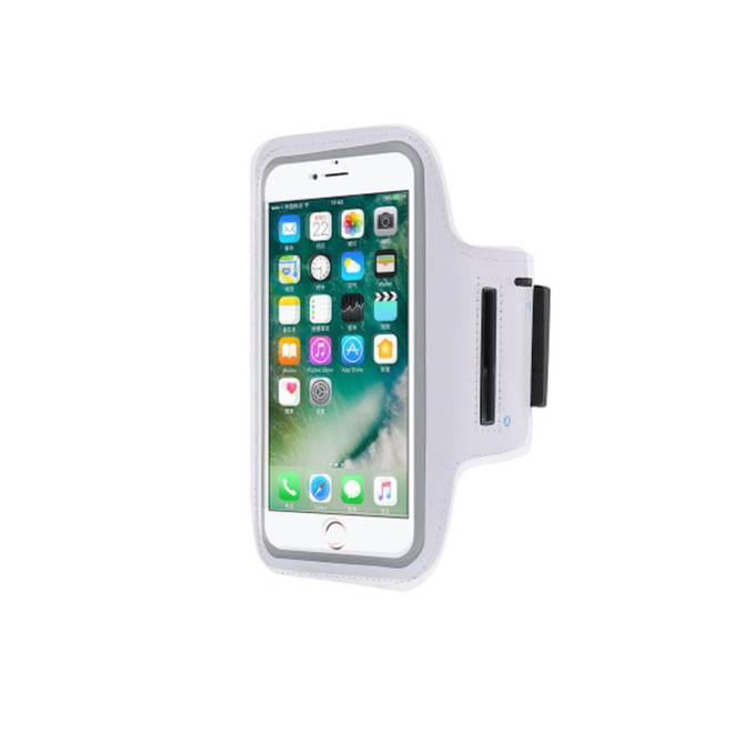 A white cell phone armband with a clear front for displaying a smartphone screen. Features a black adjustable strap.