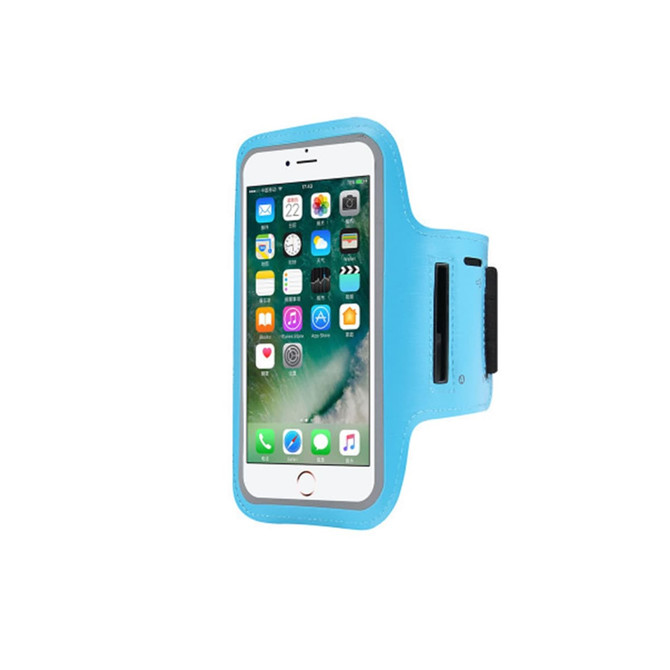 A blue cell phone arm band featuring a compartment for a phone, designed for comfort and functionality.