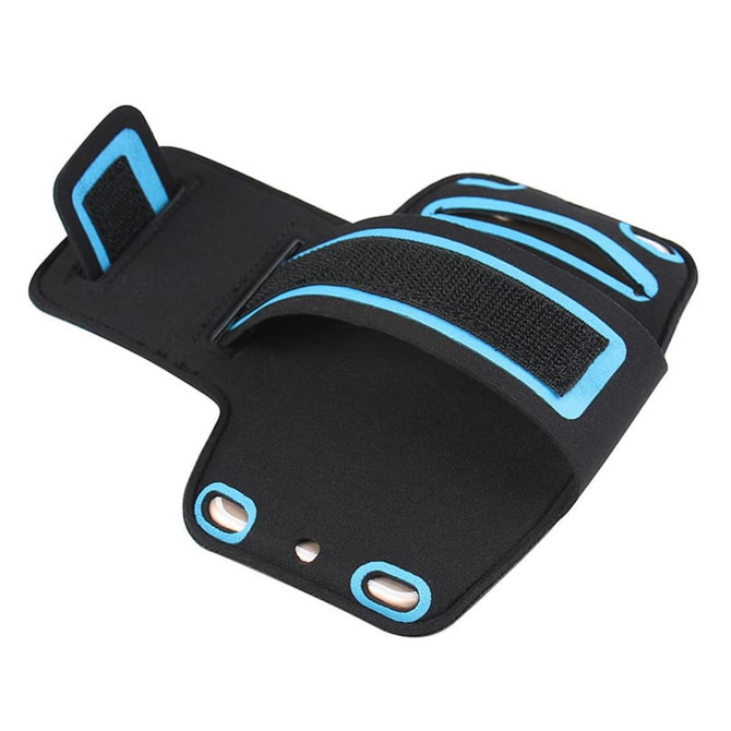A black phone arm band with blue accents and adjustable straps, featuring openings for phone access.