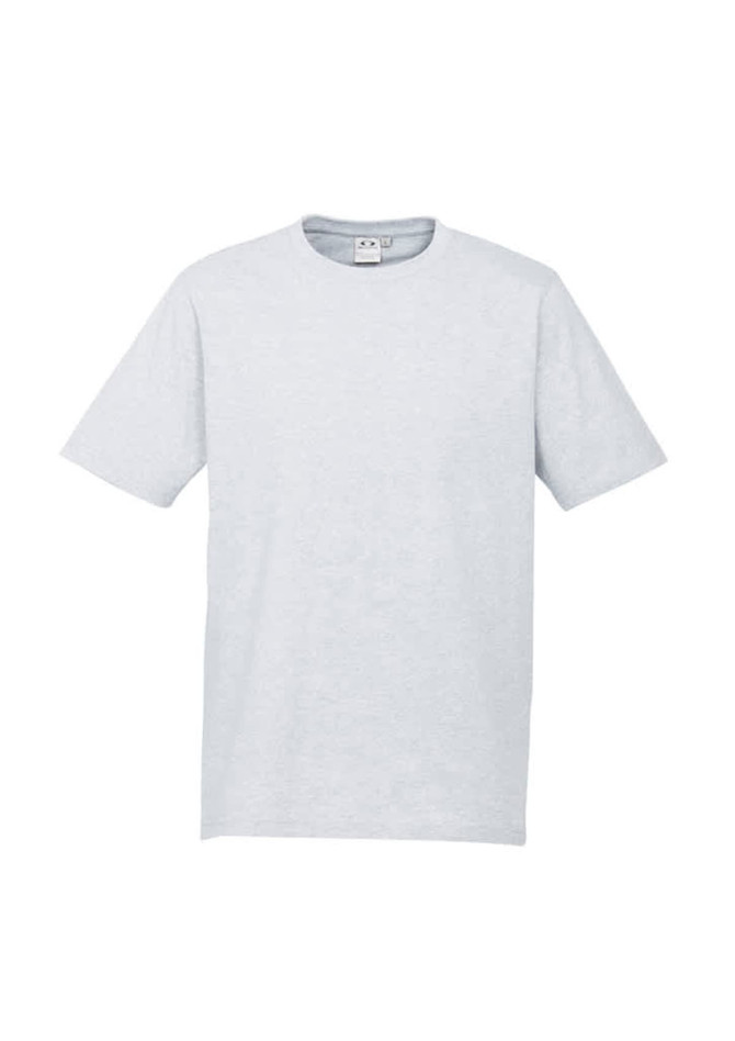 A light grey short sleeve men's tee with a simple design and a tag visible at the neckline.