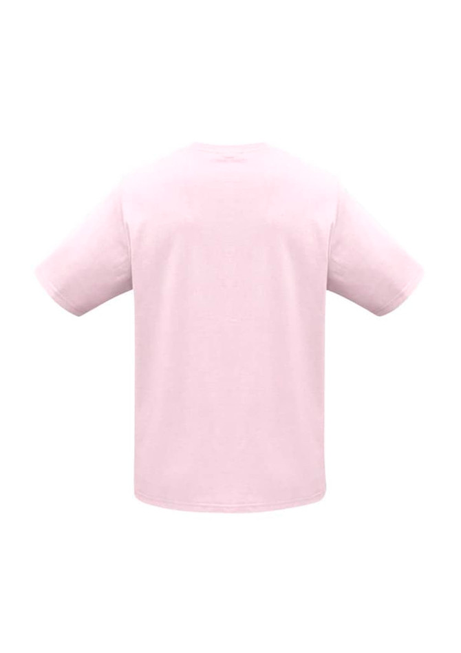 A pink short sleeve tee with a round neckline, featuring a logo on the back. Suitable for kids.