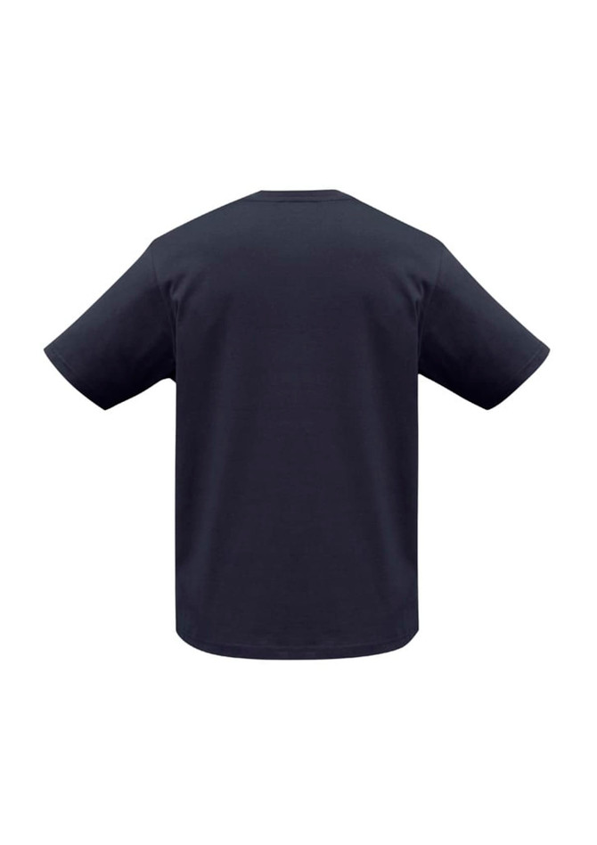A black short sleeve tee with a straight cut, featuring a simple design and a logo on the back.
