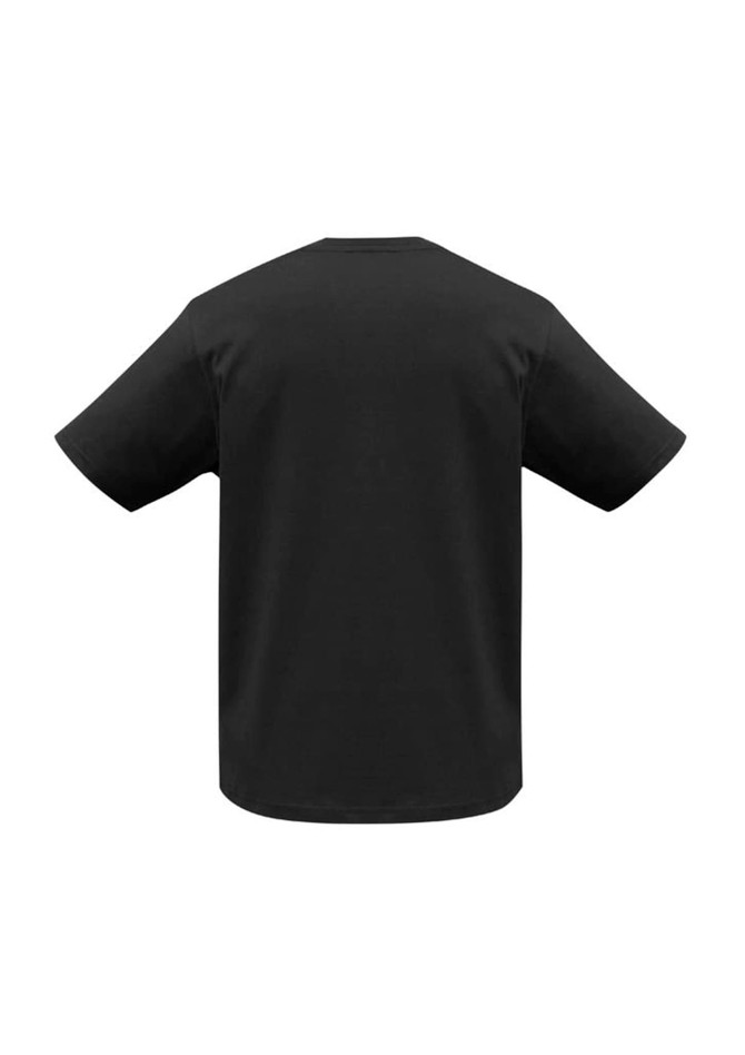 A black short sleeve tee with a relaxed fit, featuring a logo on the back.