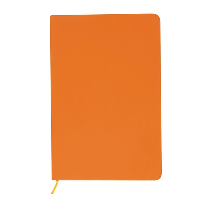 An orange A5 notebook with a smooth cover and a yellow ribbon bookmark. It features a branded logo.
