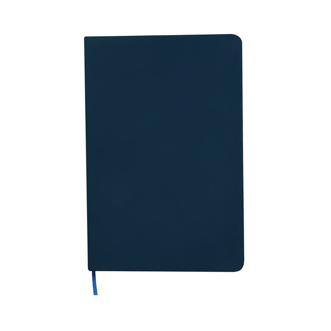 A dark blue A5 notebook with a smooth cover and a matching blue ribbon bookmark, featuring a logo on the front.