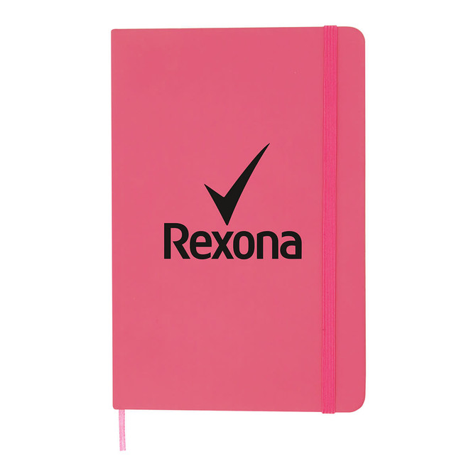 A pink A5 notebook with an elastic closure and a logo on the cover. The notebook features a smooth surface.