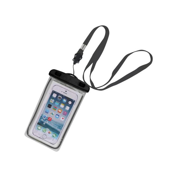 A waterproof phone bag in clear with a black neck strap, featuring a logo on the top.