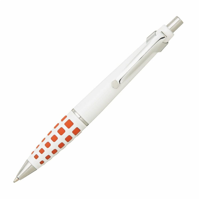 A metal pen in white with an orange patterned grip and silver accents. It features a clip for attachment.