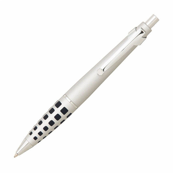 A metal pen in silver with a black patterned grip. Features a clip for easy attachment.