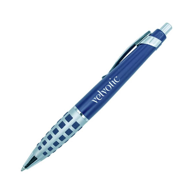 A blue metal pen with a patterned grip and a silver clip, featuring a logo on the barrel.