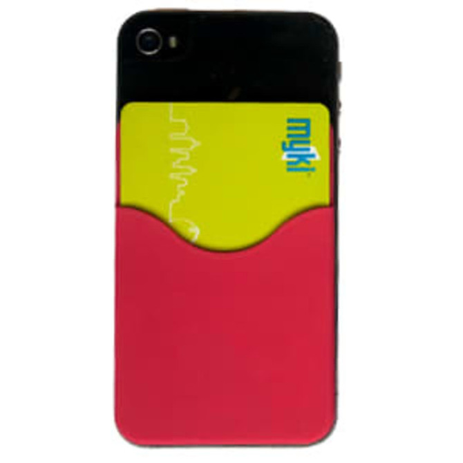 A smartphone with a red silicone wallet on the back, holding a yellow card. The wallet features a smooth, curved design.