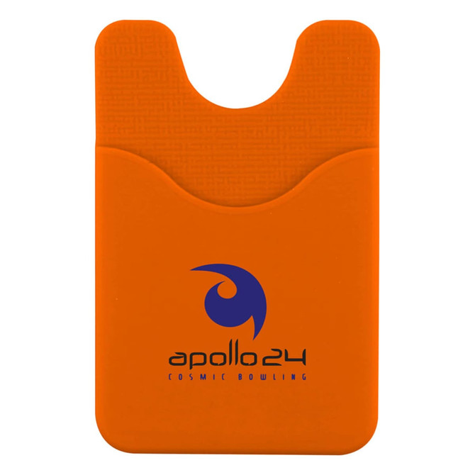 An orange phone wallet with a textured finish and a logo in the centre.