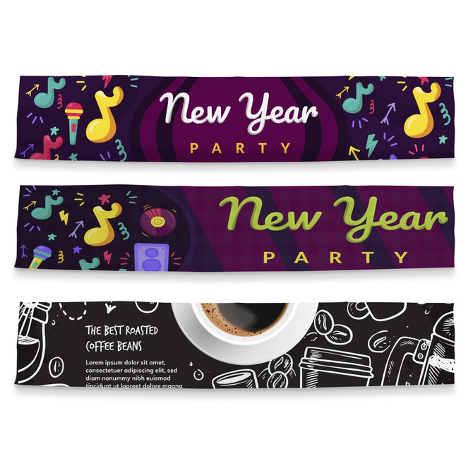 Three table runners featuring vibrant colours with music notes and themes of a New Year party, along with coffee illustrations.