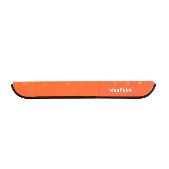 An orange curved ruler with measurements printed along its edge, featuring a logo.