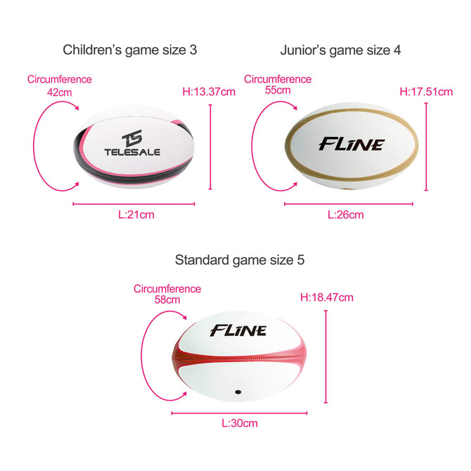 A training rugby ball set featuring three sizes: children’s (size 3), junior (size 4), and standard (size 5), all with white and coloured accents.