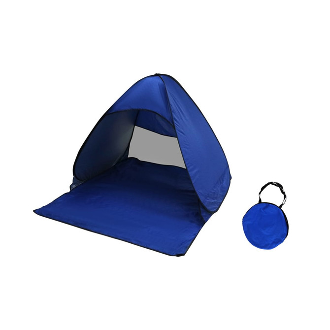 A blue pop-up beach tent with a matching carry bag, featuring a spacious interior and a lightweight design.