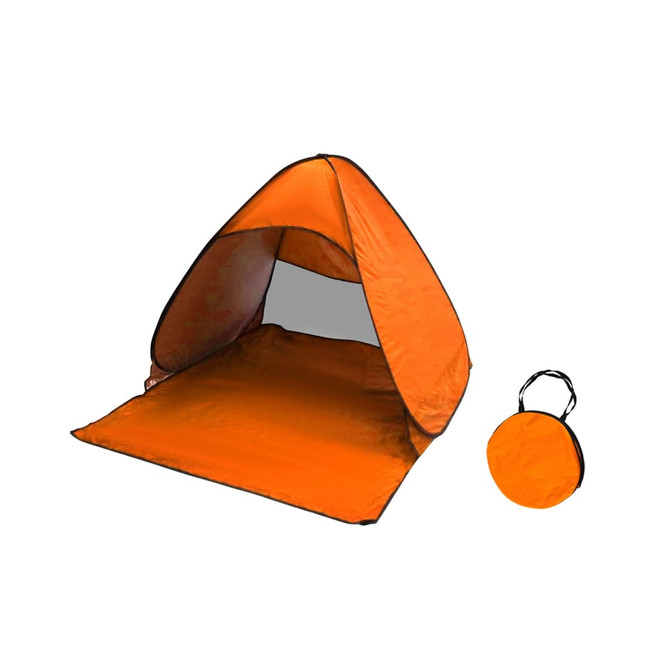 An orange pop-up beach tent with a rounded canopy and a matching compact carry bag.