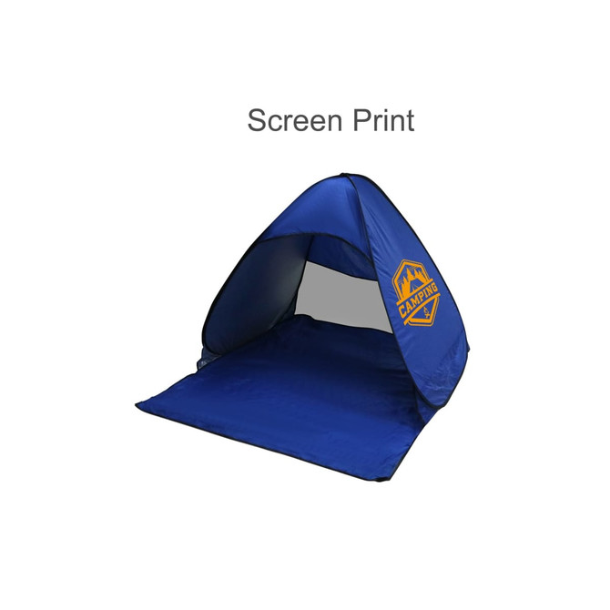 A blue pop-up beach tent with a screen-printed logo, featuring a spacious interior and a simple design.
