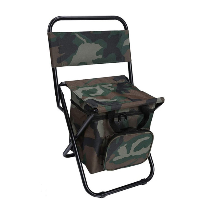 A camouflaged camping chair with a foldable design and an attached cooler bag in matching colours.