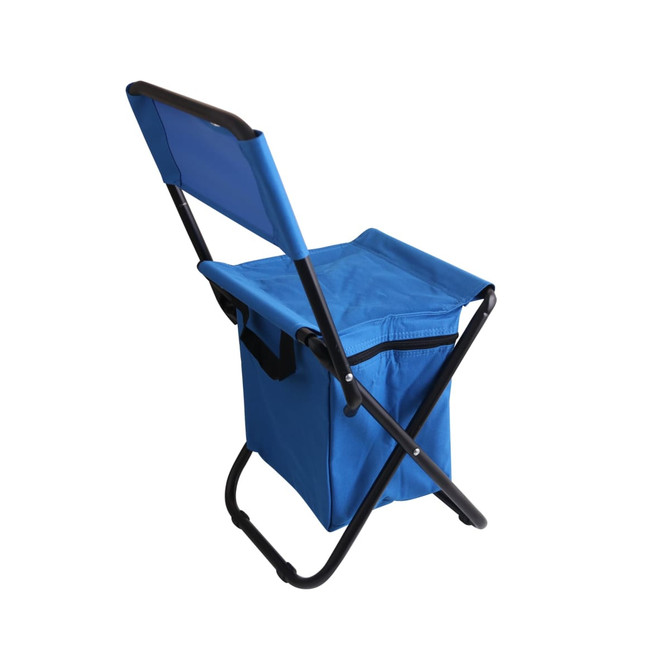 A blue foldable camping chair with a cooler bag underneath, featuring a black metal frame. It has a simple design and is portable.