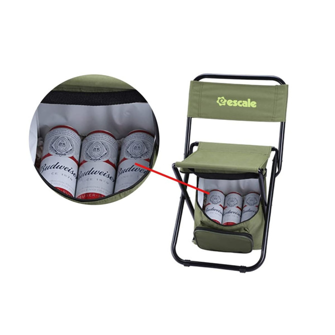 A foldable camping chair in olive green with a cooler bag underneath holding several drink cans and a logo.