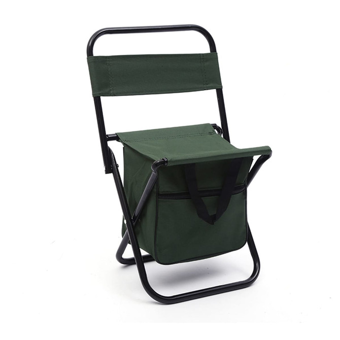 A green foldable camping chair with a black frame and attached bag for storage. It features a simple design.