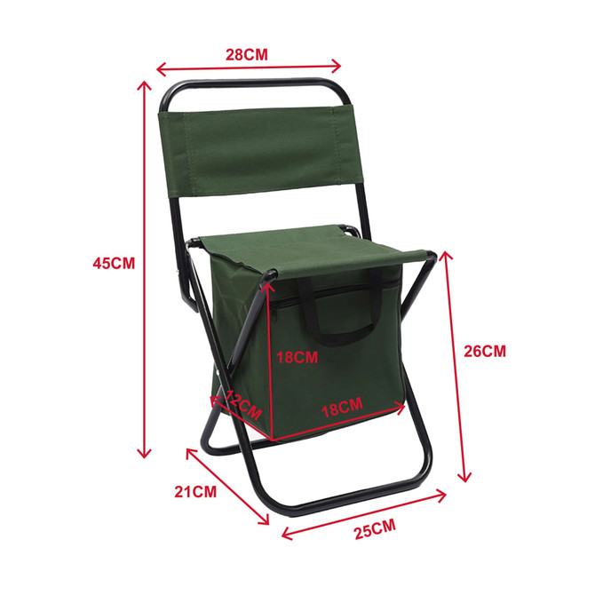 A foldable children's camping chair in green, featuring a sturdy metal frame and a storage bag. Dimensions are marked.