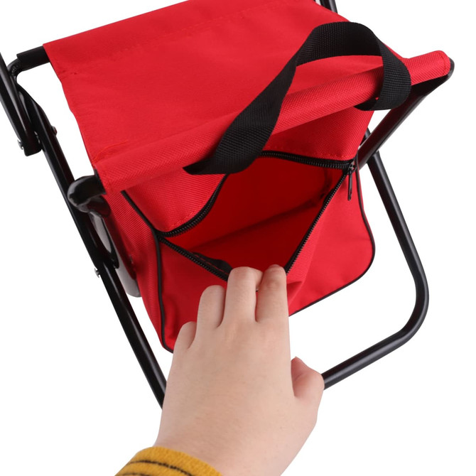 A red children's foldable camping chair with a black strap and pocket, featuring a sturdy black frame.
