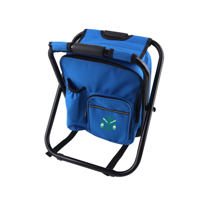 A blue foldable insulated bag with a chair frame, featuring a side pocket and a logo.