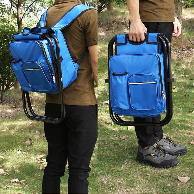 A blue foldable insulated bag with a chair frame, shown being carried as a backpack.
