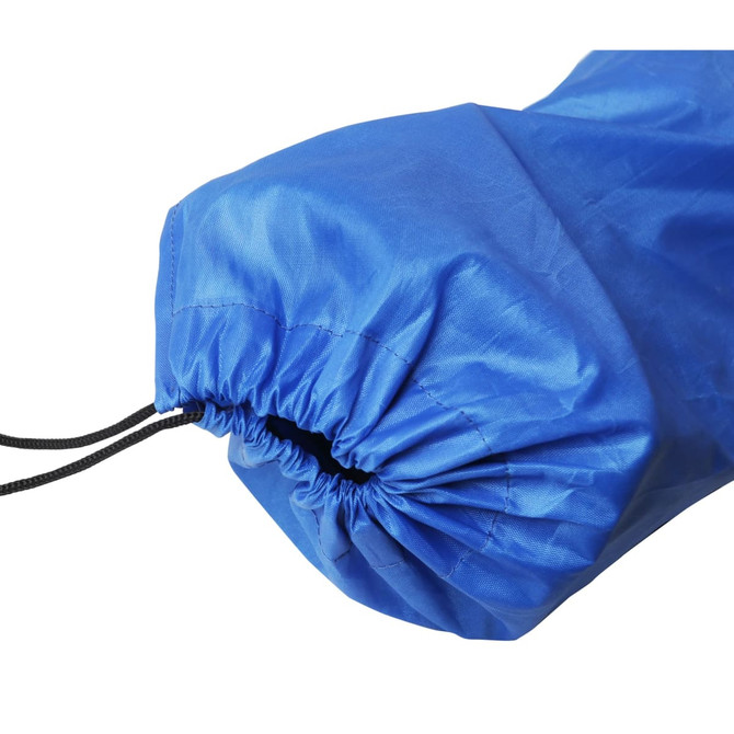 A blue storage bag featuring a cinched opening, designed for a foldable portable camping chair.