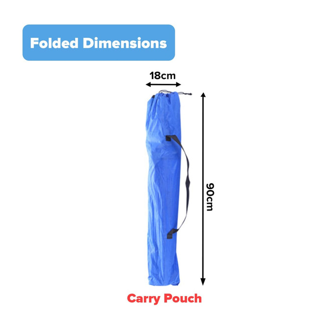 A blue carry pouch for a foldable camping chair, measuring 18cm by 90cm. It features a handle for portability.