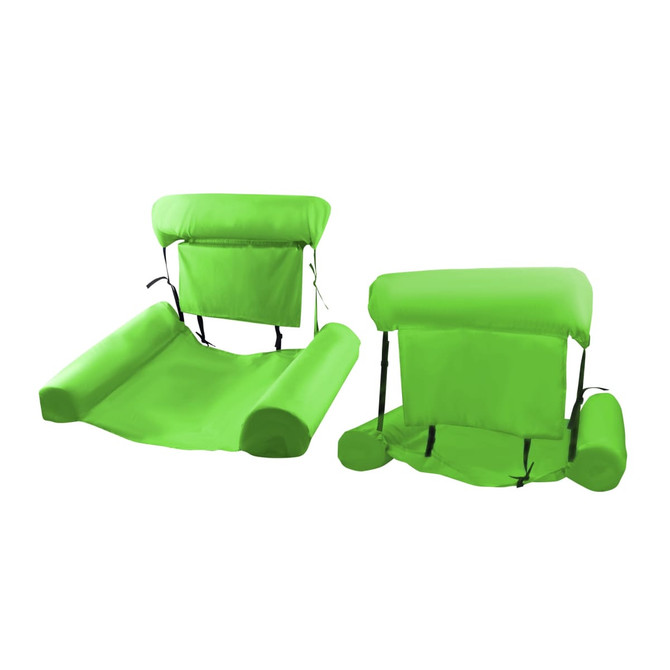 A bright green inflatable floating chair with a backrest and armrests, featuring a logo on the fabric.