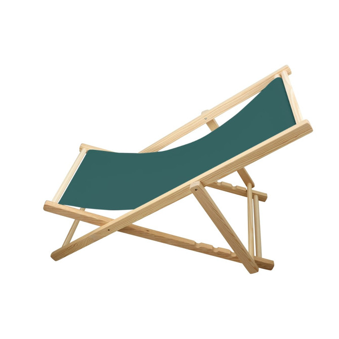 A wooden beach chair with a green fabric seat and a folding design. It features a simple, natural wood frame.