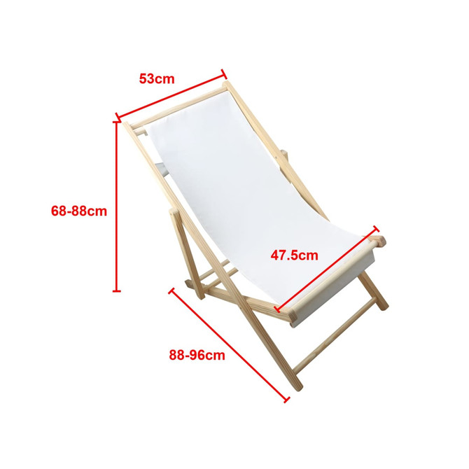 A white wooden beach chair with adjustable height, showcasing its dimensions and structure. It features a simple design.