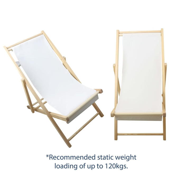 A wooden beach chair with a white fabric seat, featuring a simple, folding design. Includes a branding logo.