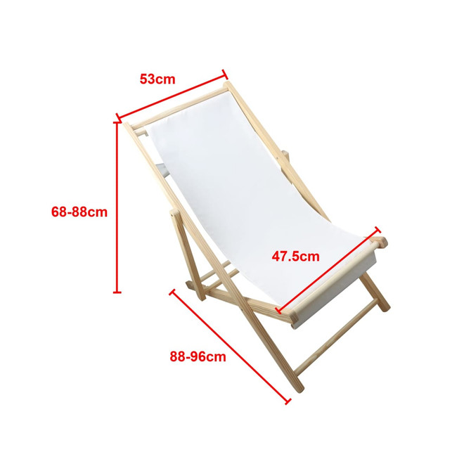 A wooden beach chair with a white canvas seat, adjustable height and sleek design. Features dimensions displayed.