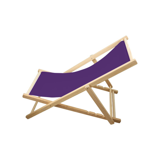 A beach chair with a beech frame and a purple fabric seat, featuring a minimalist design.