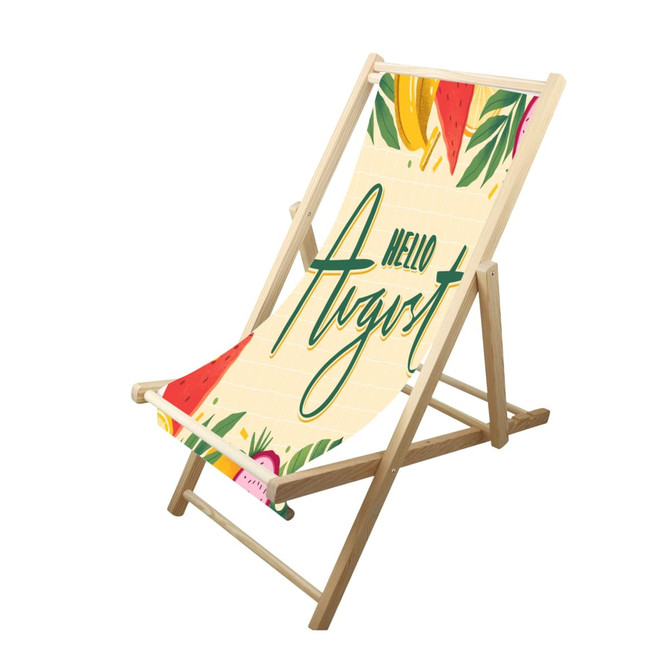 A beach chair with a beech frame features a vibrant design with fruits and the word "August."