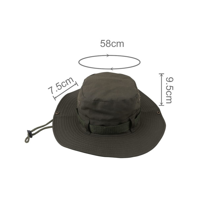 A dark green outdoor brim hat with a drawstring, featuring measurement annotations and a logo.