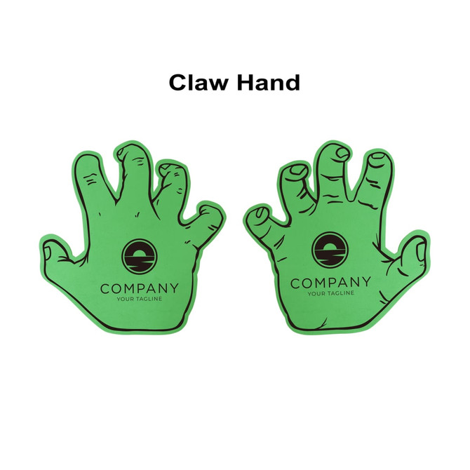 A green foam mitt shaped like a claw hand, featuring a logo on the palm. Two mitts are displayed.