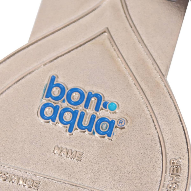A silver custom medal with a smooth surface and a blue logo, designed for awards and trophies.